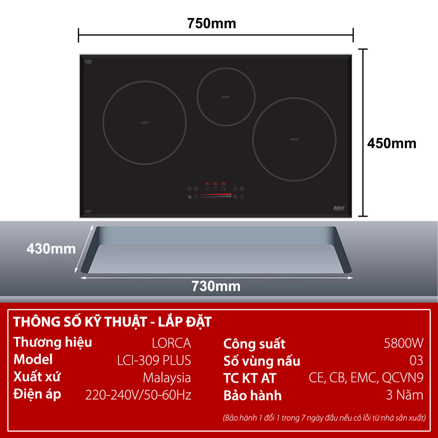 Bếp Từ Ba Vùng Nấu LORCA LCI-309 PLUS