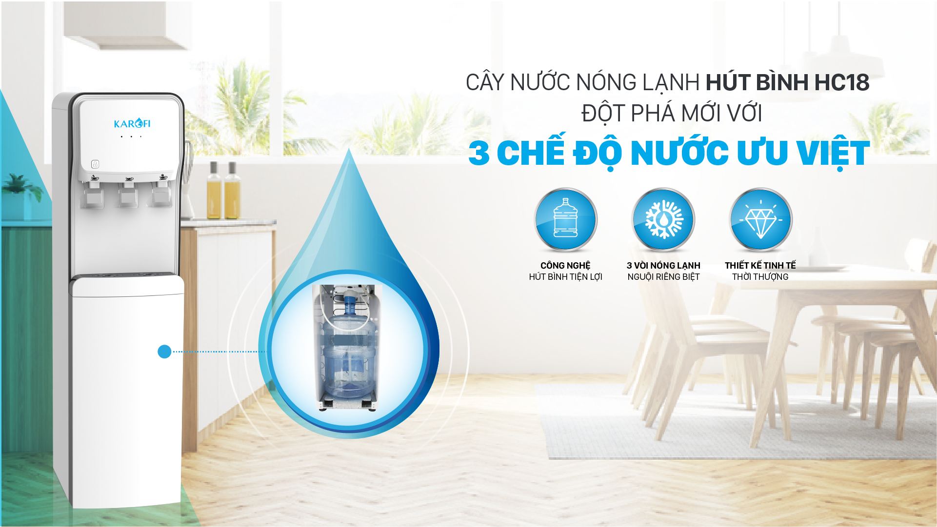 Cây nước nóng lạnh hút bình Karofi HC18