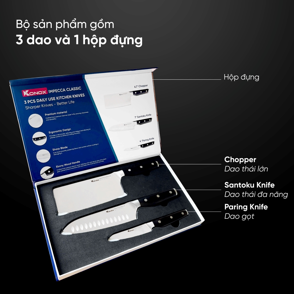 Bộ dao làm bếp cao cấp 3 món Konox Impecca Classic