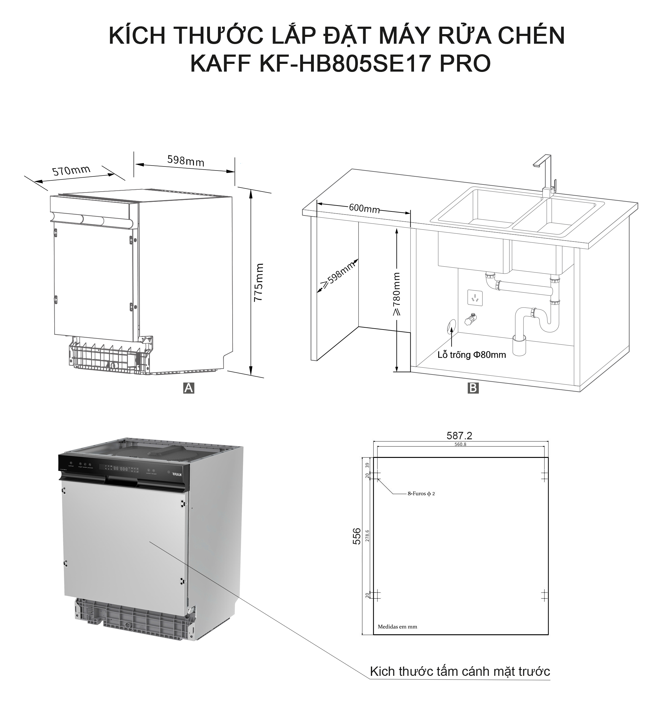 Máy rửa bát bán âm Kaff KF-HB805SE17 Pro