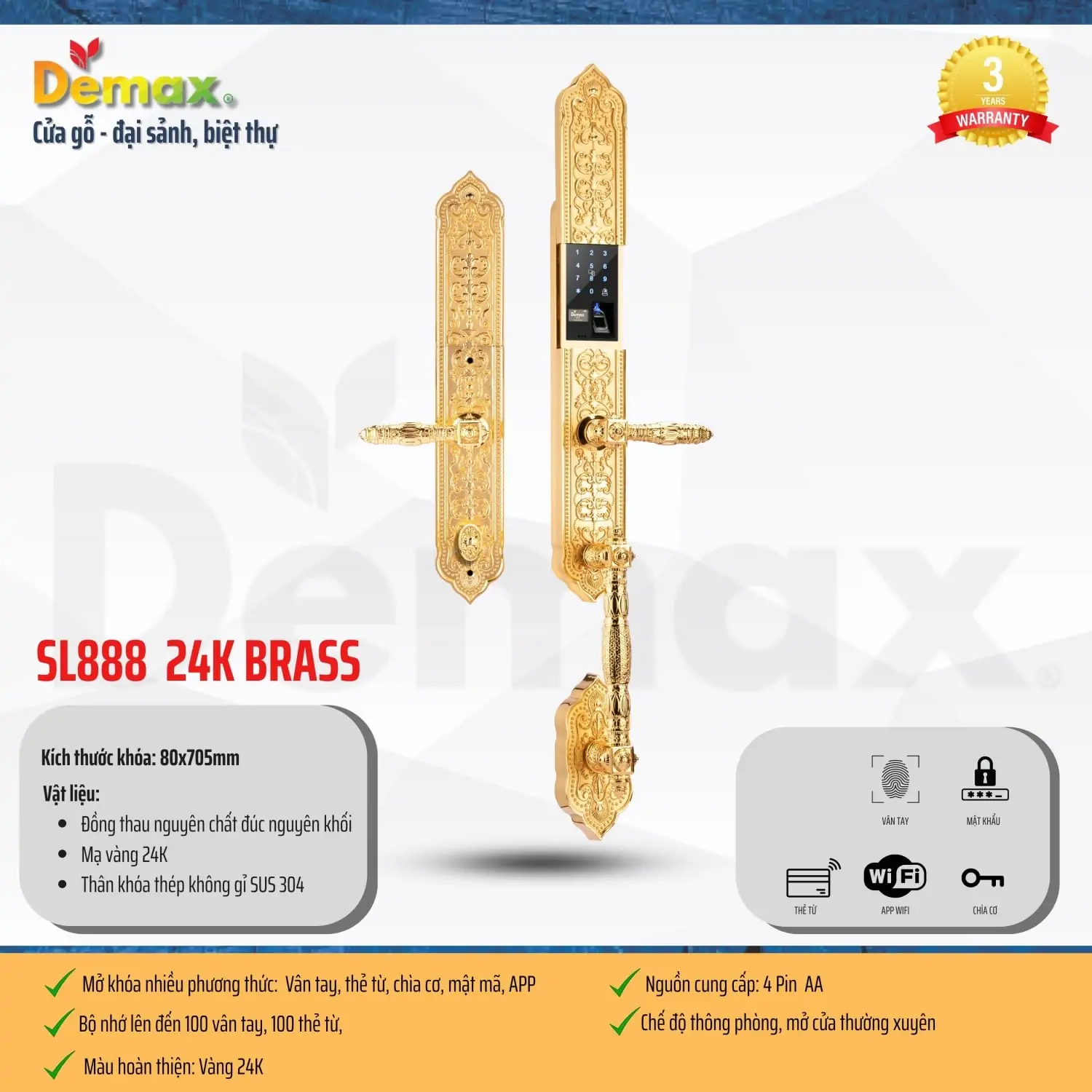 Khóa Đại Sảnh Demax SL888 24K BRASS