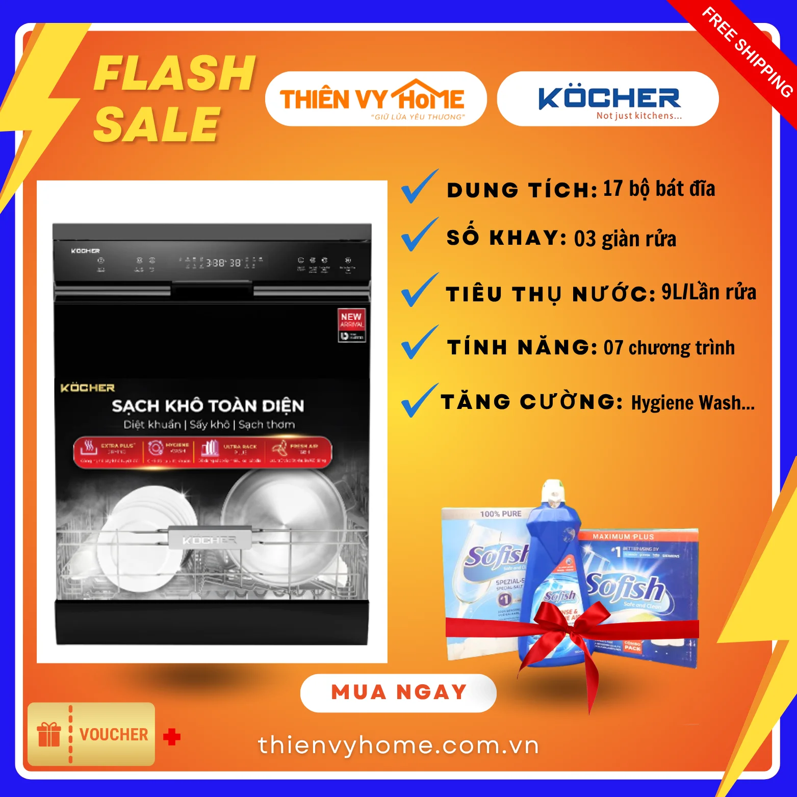 Máy rửa bát Kocher KDEU-X15B Pro